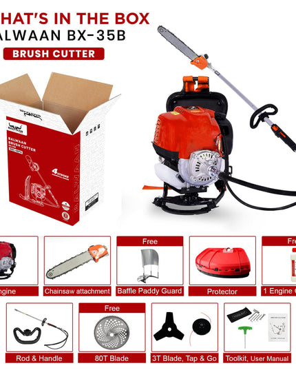 BALWAAN Krishi BX-35B Crop Cutter 35 cc 4 Stroke Backpack Brush Cutter Machine Petrol Operated with Heavy Duty 40 Teeth, 3T and Tap & go Blades and 500ml Engine Oil for Agriculture & Gardening