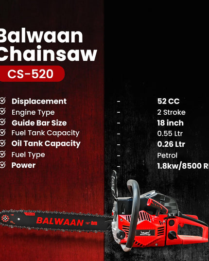 Balwaan Krishi CS-520 Petrol Chainsaw | 52cc 2-Stroke Engine | 18" Guide Bar | 0.55L Fuel Tank | Heavy-Duty Wood Cutting Tool for Farming, Tree Felling, Branch Trimming & Outdoor Use