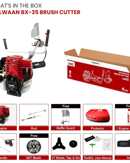 BALWAAN Krishi BX-35 Brush Cutter 35cc Petrol Engine 4 Stroke Side Pack Crop Cutter or Grass Cutter Machine Heavy Duty 80 Teeth, 3 Teeth and Tap & go Blades for Crop, Grass, Garden, Lawn Cutting