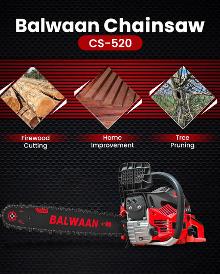 Balwaan Krishi CS-520 Petrol Chainsaw | 52cc 2-Stroke Engine | 18" Guide Bar | 0.55L Fuel Tank | Heavy-Duty Wood Cutting Tool for Farming, Tree Felling, Branch Trimming & Outdoor Use
