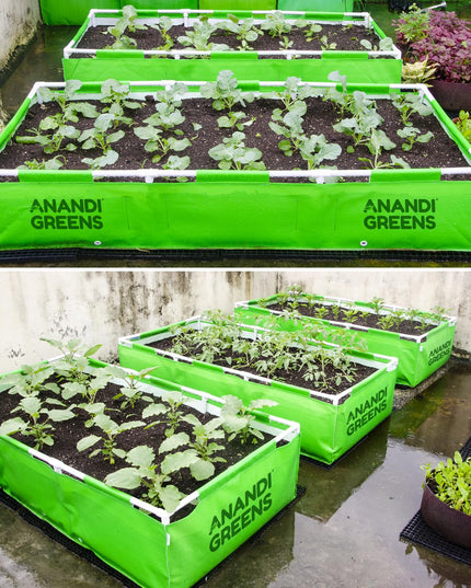 Anandi Green's HDPE UV Protected 360 GSM Green Color Rectangular Plants Grow Bags Suitable for VegetableTerrace Gardening with PVC Pipe Support (8Lx3Wx1H Fit) Pack of 1